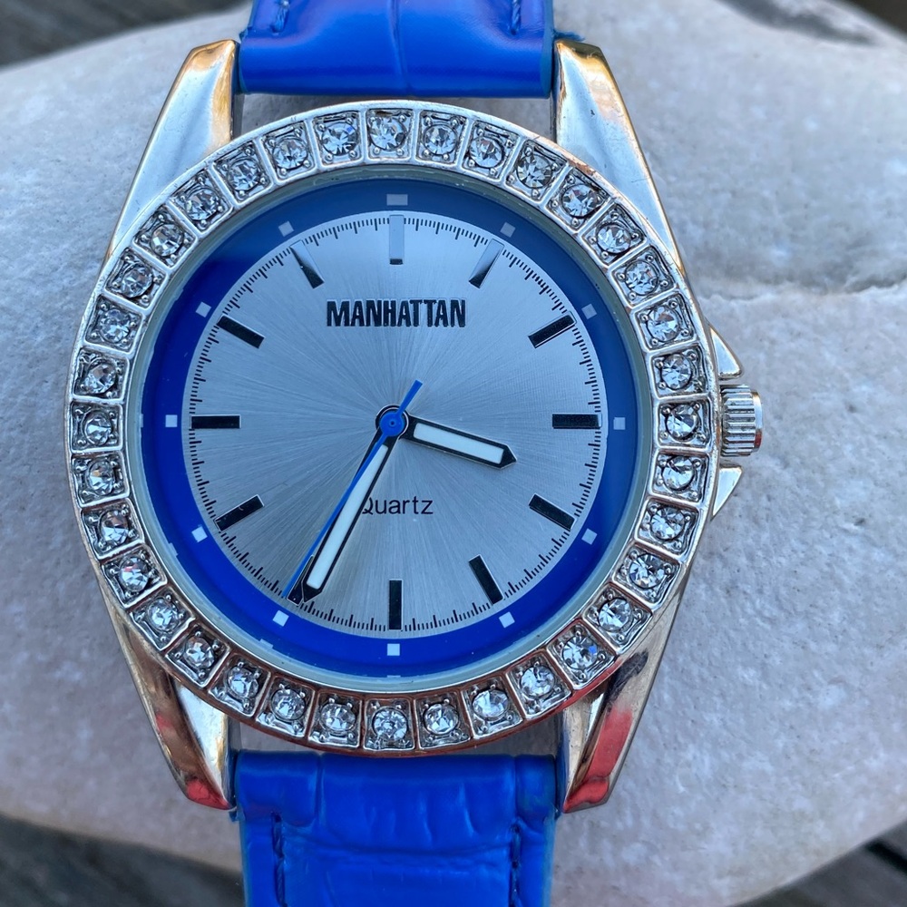 Manhattan by Croton Watch blue genuine leather crystal embellished watch